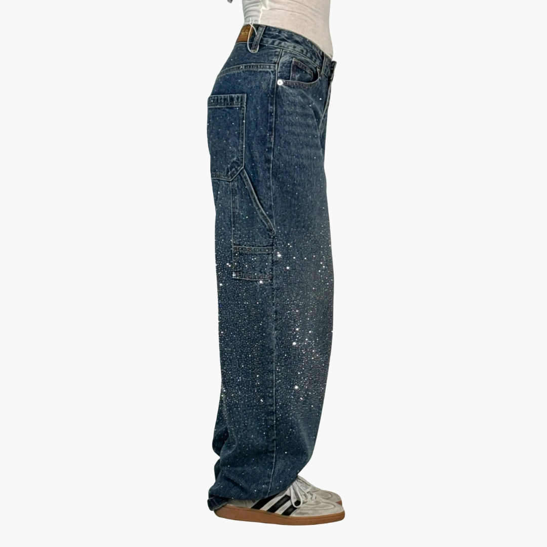Jeans Donna Cargo in Denim con Strass Gamba Larga | Altivaro
