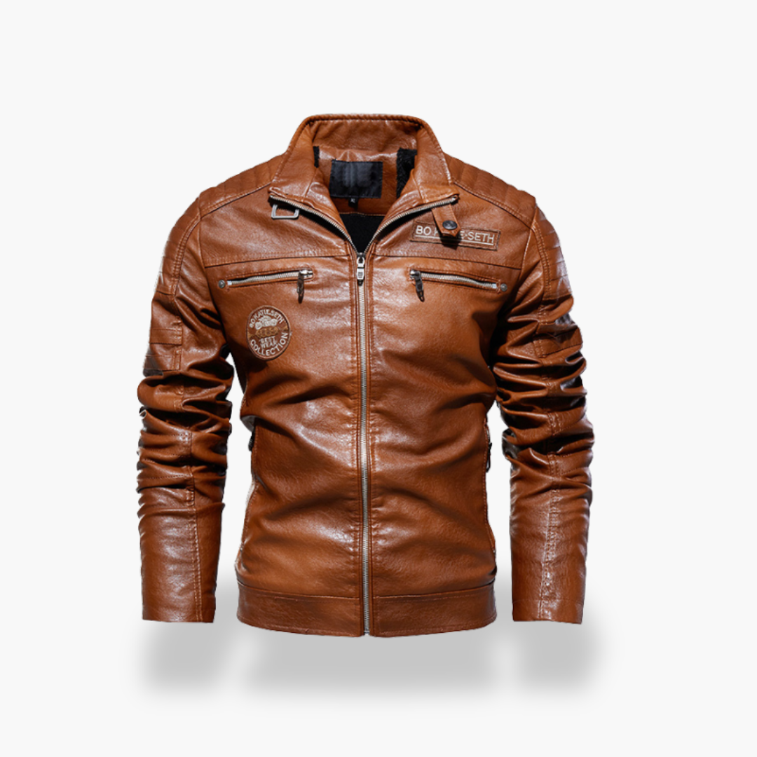 Men's Leather Jacket with Zippers and Patch | Altivaro