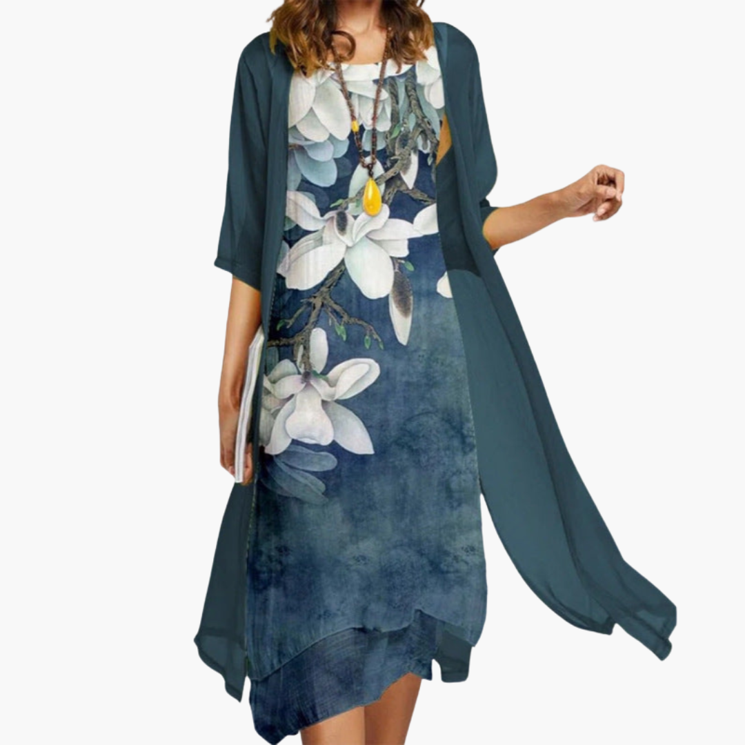 Abito Lungo con Kimono e Stampa Magnolia Donna | Altivaro