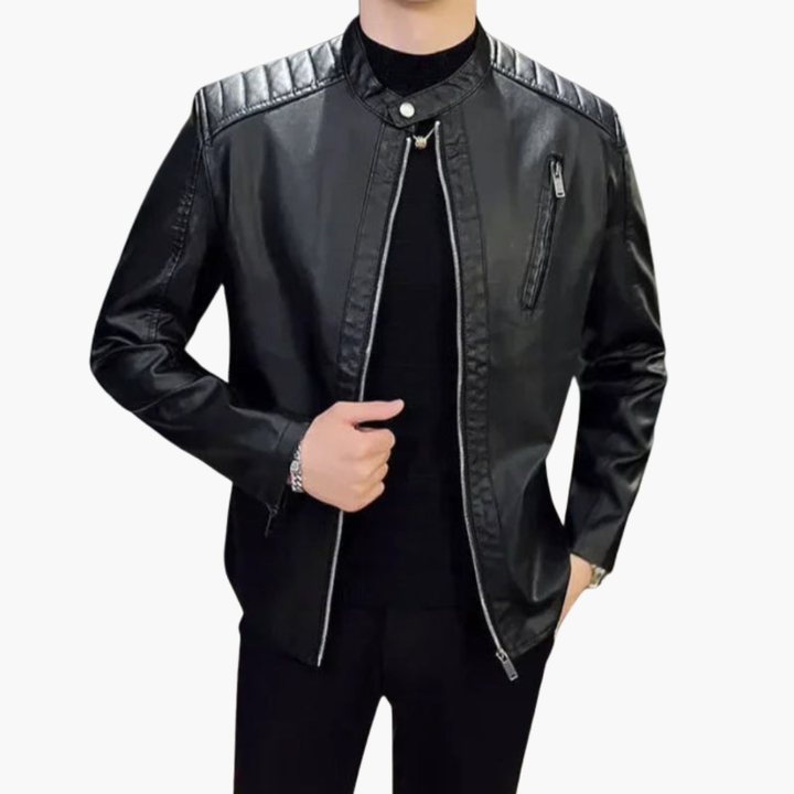 Men's Faux Leather Jacket with Zipper and Shoulder Details | Altivaro