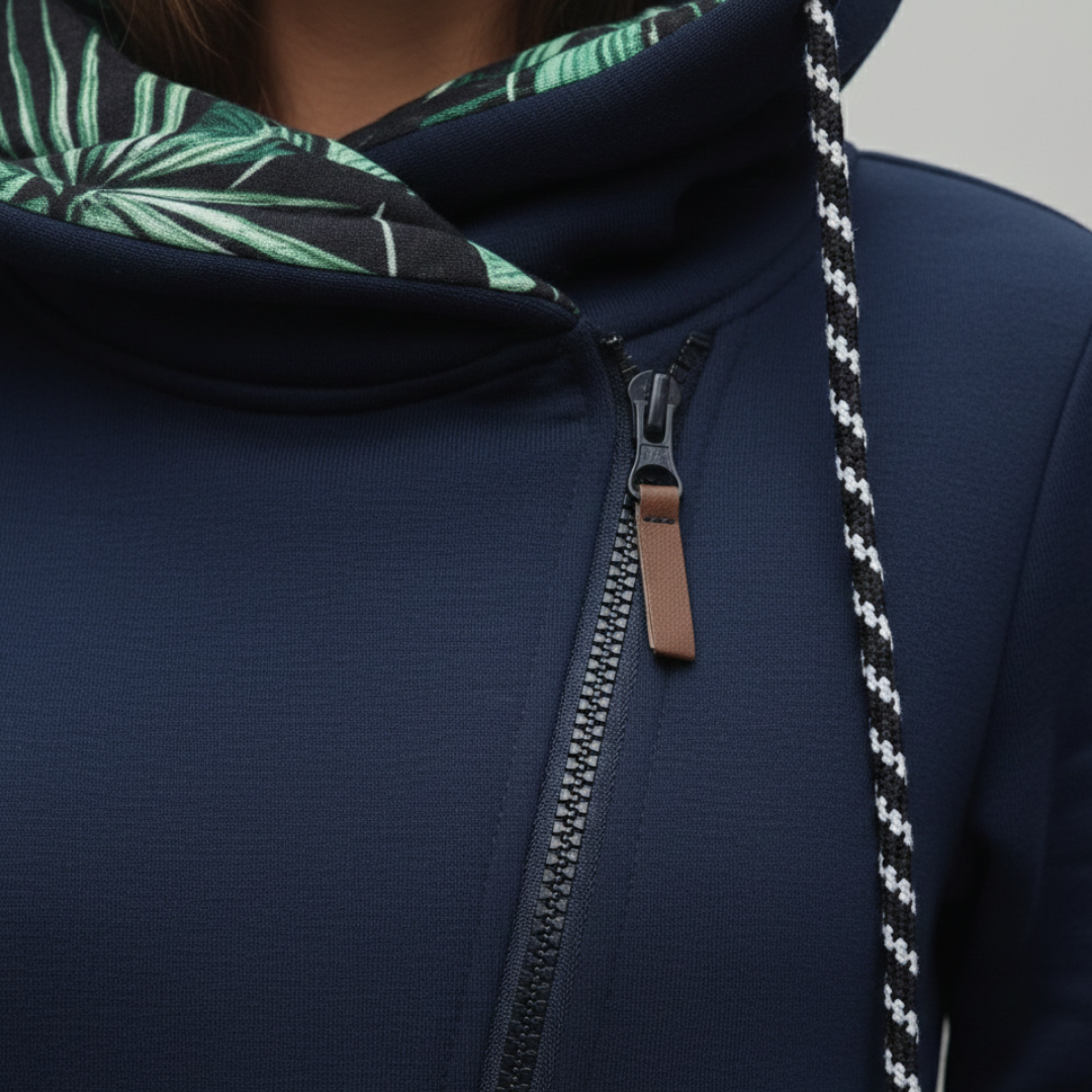 Damen langer Pullover mit Kapuze und Reißverschluss aus Polyester | Altivaro