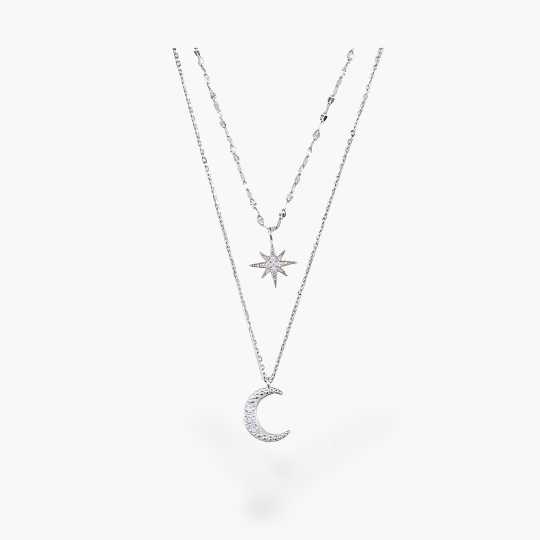Collana Donna Argento Doppia con Stella e Luna Zirconi | Altivaro