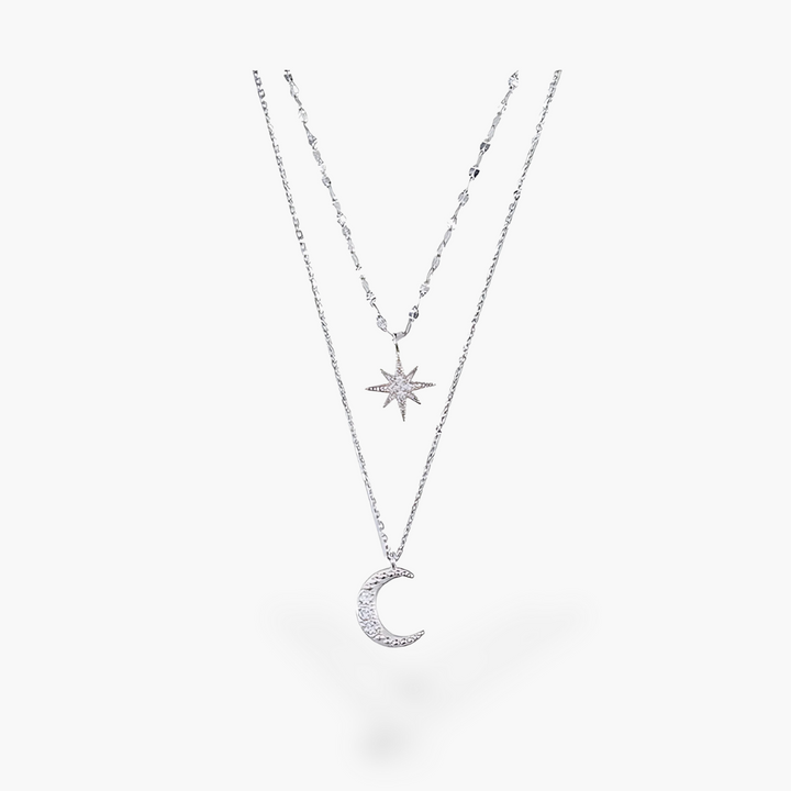 Collana Donna Argento Doppia con Stella e Luna Zirconi | Altivaro