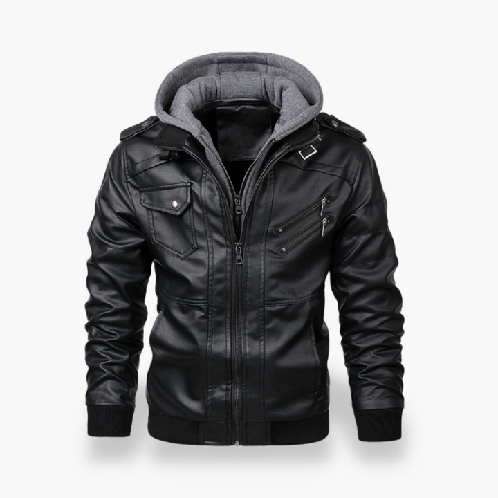 Men's Leather Jacket with Hood and Zippers | Altivaro