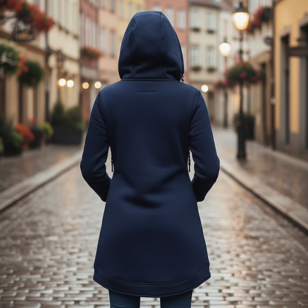 Damen langer Pullover mit Kapuze und Reißverschluss aus Polyester | Altivaro