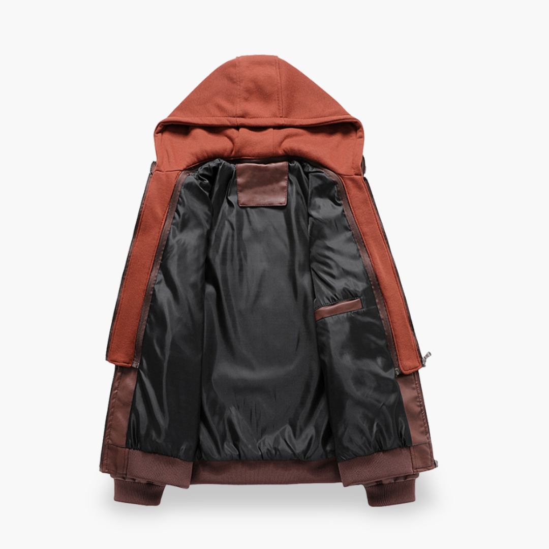 Men's Leather Jacket with Hood and Zippers | Altivaro
