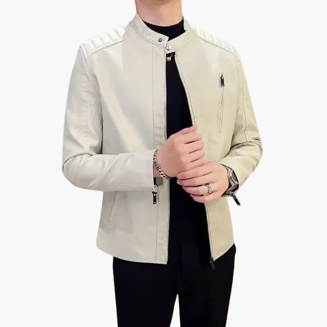 Men's Faux Leather Jacket with Zipper and Shoulder Details | Altivaro
