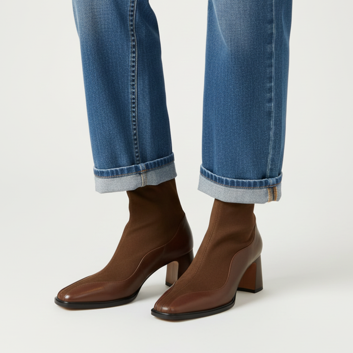 Orthopädische Damen-Stiefeletten aus schwarzem und braunem Leder mit Absatz | Altivaro