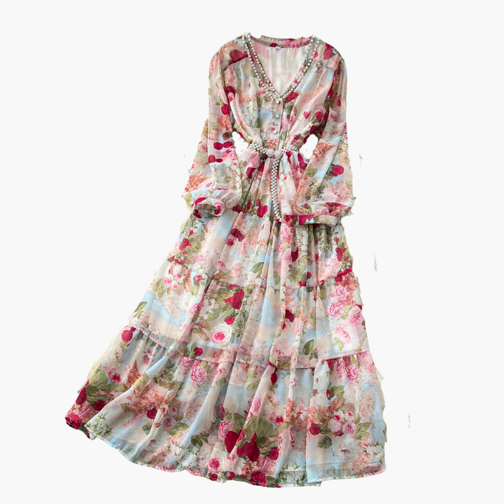 Abito Lungo Donna Floreale Rosa Chiffon Elegante Estivo Casual | Altivaro
