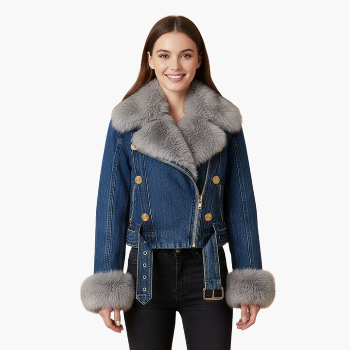 Women's Denim Jacket with Fur Collar and Golden Details | Altivaro