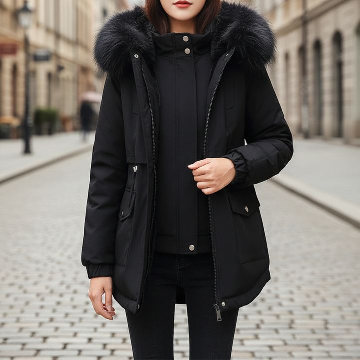 Damen Winterdaunenjacke mit Kapuze aus Kunstpelz | Altivaro