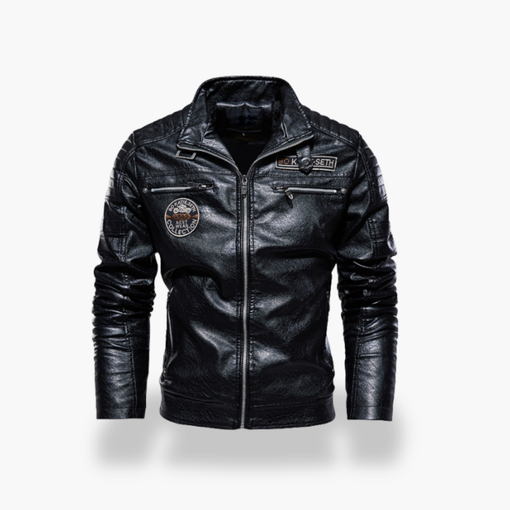 Men's Leather Jacket with Zippers and Patch | Altivaro