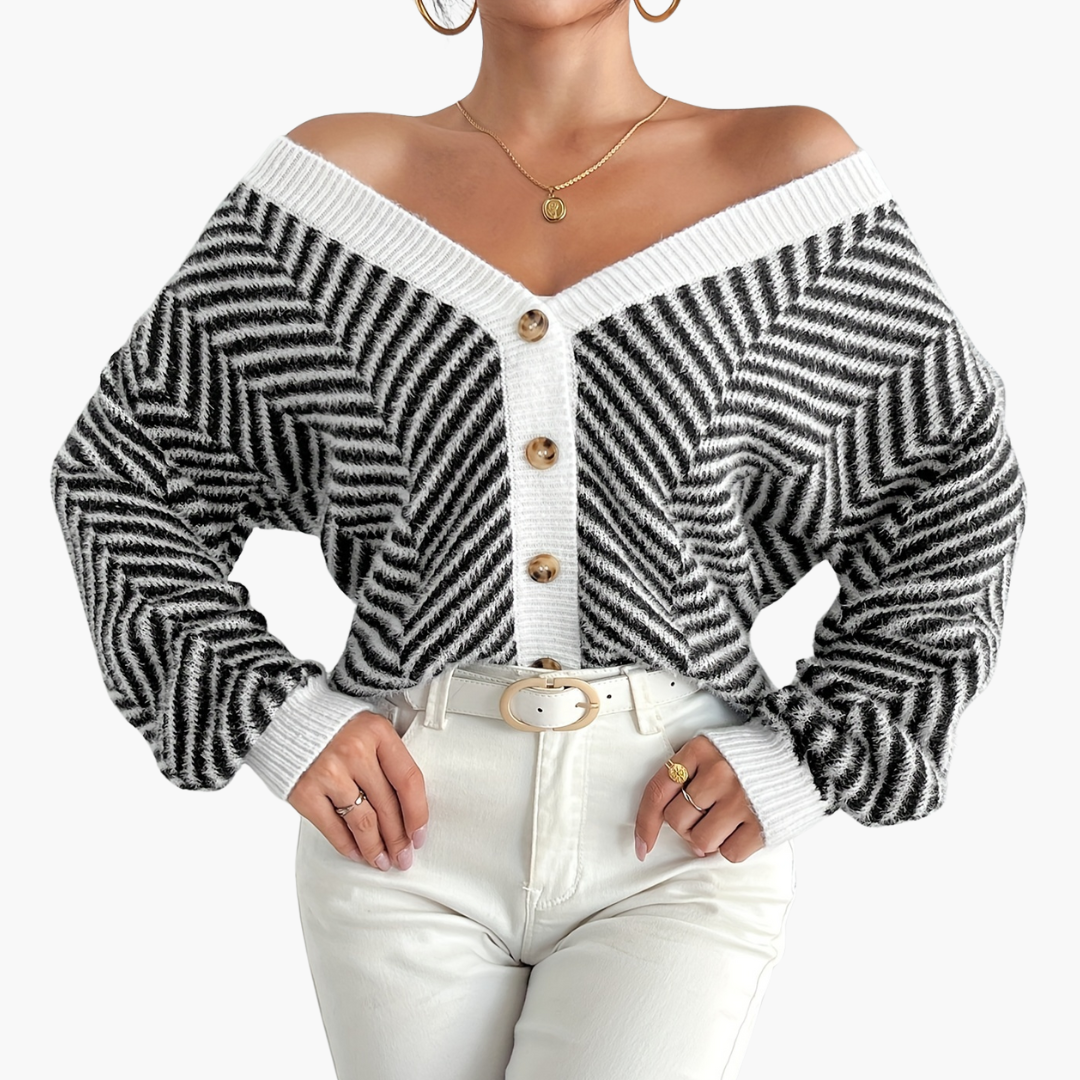 Cardigan Donna Stripes Bianco e Nero Con Bottoni | Altivaro