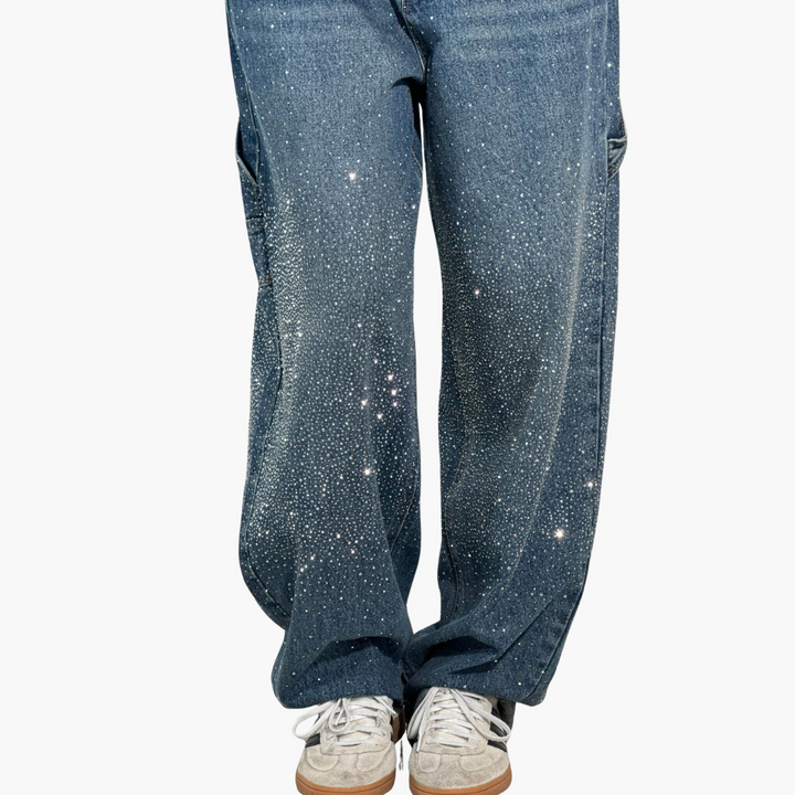 Jeans Donna Cargo in Denim con Strass Gamba Larga | Altivaro