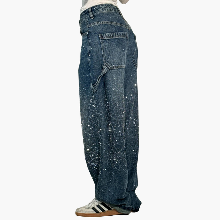 Jeans Donna Cargo in Denim con Strass Gamba Larga | Altivaro