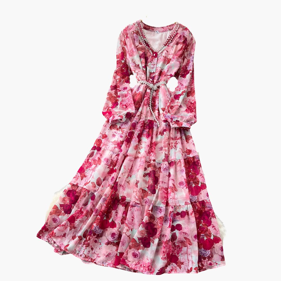Abito Lungo Donna Floreale Rosa Chiffon Elegante Estivo Casual | Altivaro