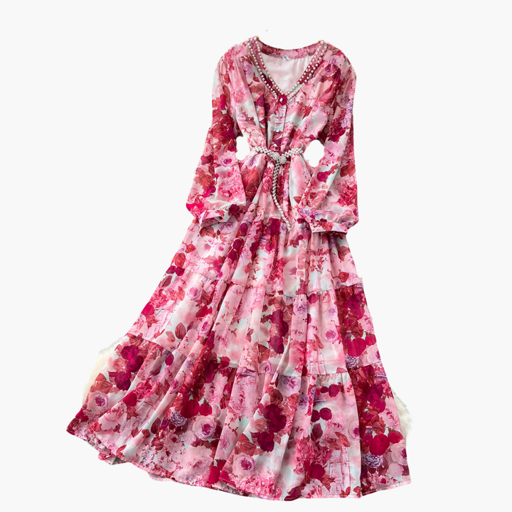 Abito Lungo Donna Floreale Rosa Chiffon Elegante Estivo Casual | Altivaro