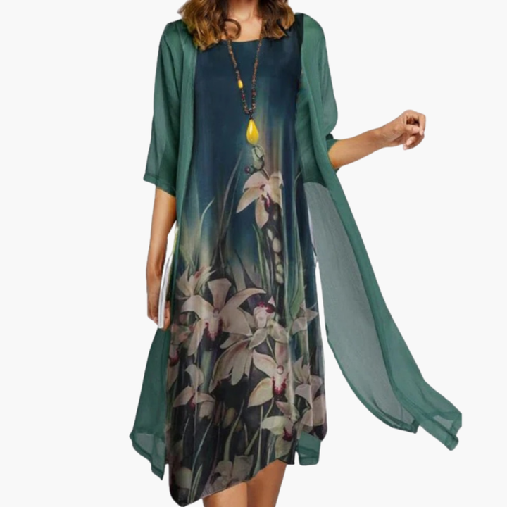 Abito Lungo con Kimono e Stampa Magnolia Donna | Altivaro