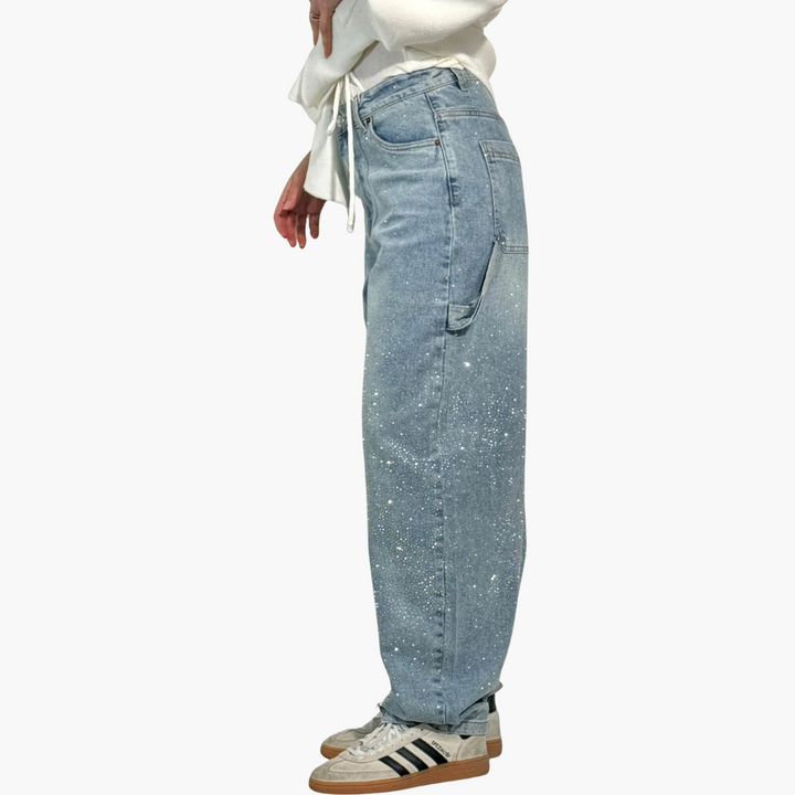 Jeans Donna Cargo in Denim con Strass Gamba Larga | Altivaro