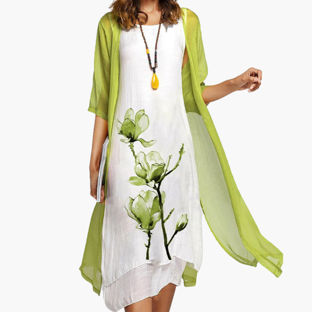 Abito Lungo con Kimono e Stampa Magnolia Donna | Altivaro