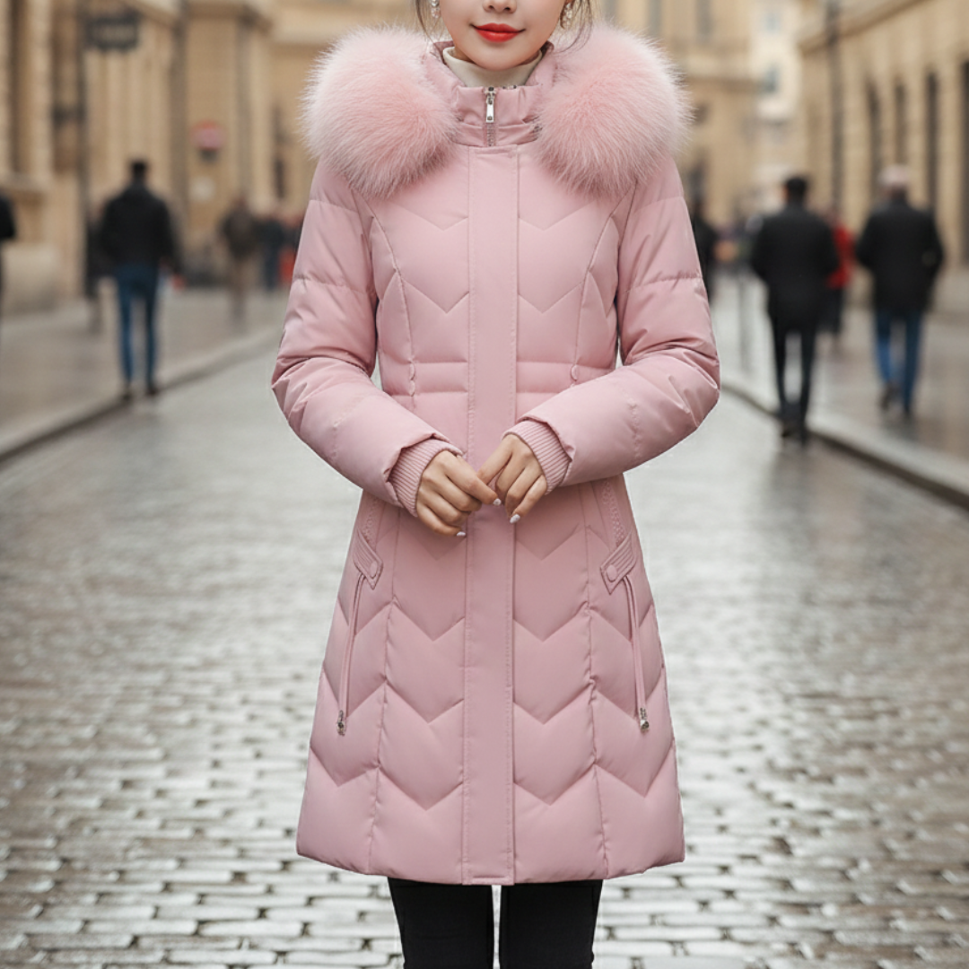 Damen langer Daunenmantel mit Kapuze und Kunstpelz | Altivaro