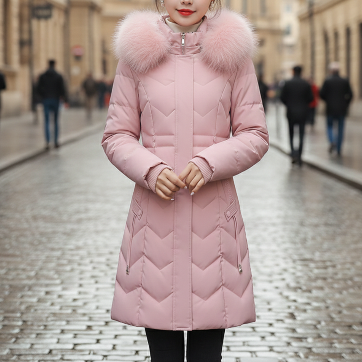 Damen langer Daunenmantel mit Kapuze und Kunstpelz | Altivaro