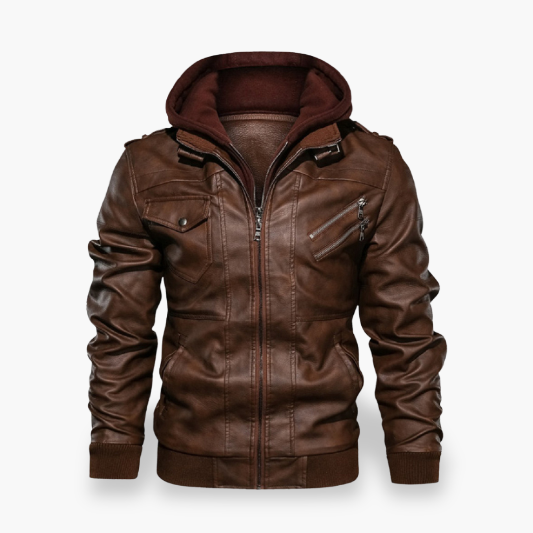 Men's Leather Jacket with Hood and Zippers | Altivaro