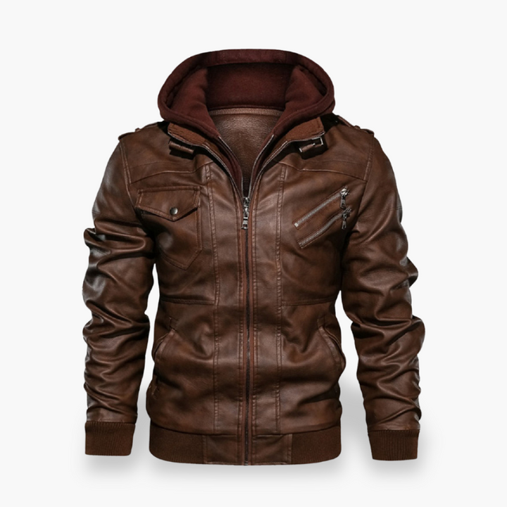 Men's Leather Jacket with Hood and Zippers | Altivaro