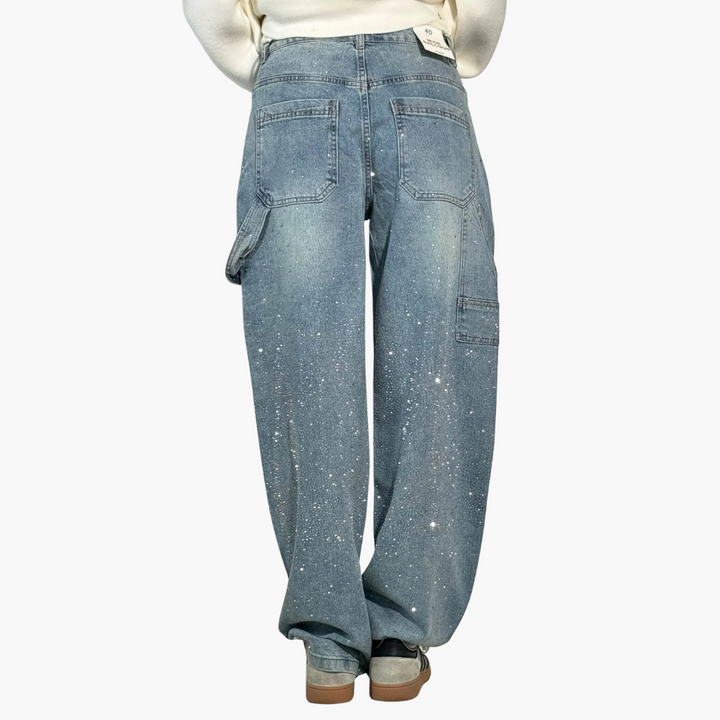 Jeans Donna Cargo in Denim con Strass Gamba Larga | Altivaro