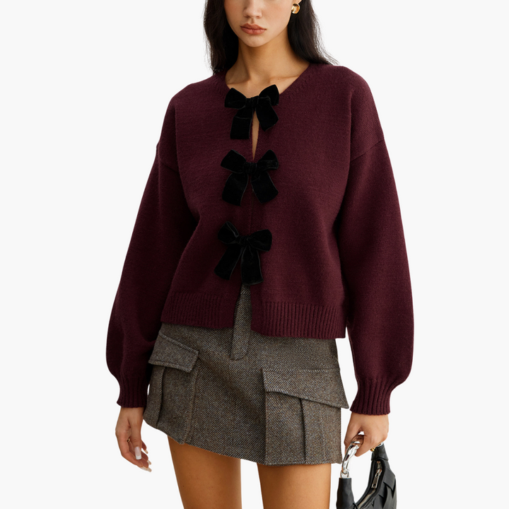 Women's Wool Cardigan with Velvet Bows | Altivaro