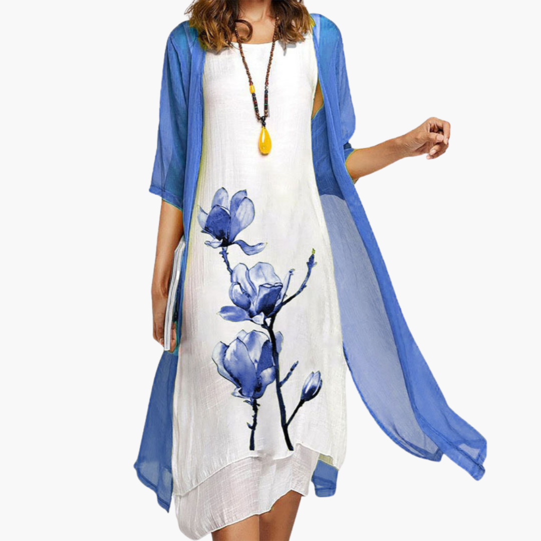 Abito Lungo con Kimono e Stampa Magnolia Donna | Altivaro