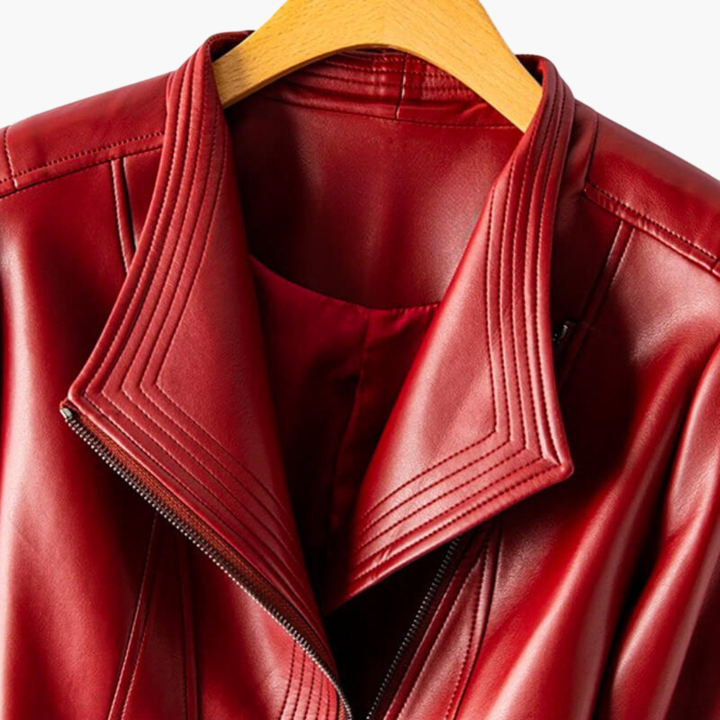 Women's Biker Jacket in Red Faux Leather with Zip | Altivaro