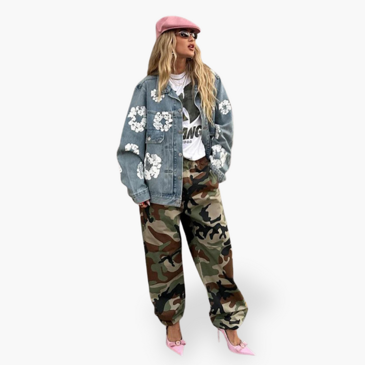 Completo Giacca e Jeans Unisex Denim con Stampa Floreale | Altivaro