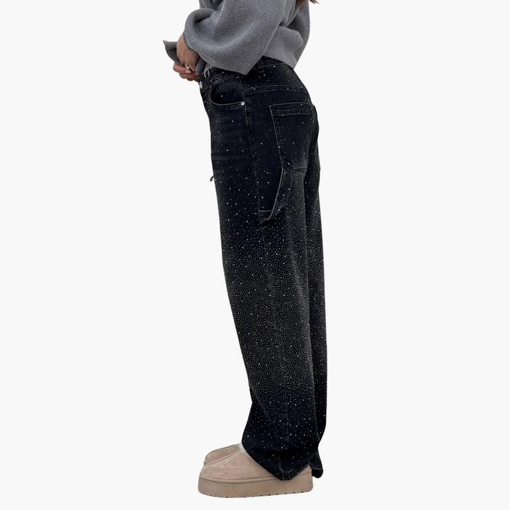 Jeans Donna Cargo in Denim con Strass Gamba Larga | Altivaro
