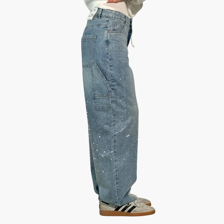 Jeans Donna Cargo in Denim con Strass Gamba Larga | Altivaro
