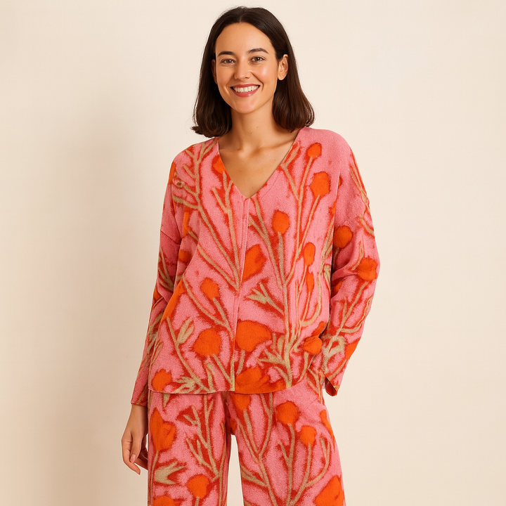 Completo donna estivo due pezzi con pantaloni e top a stampa floreale | Altivaro