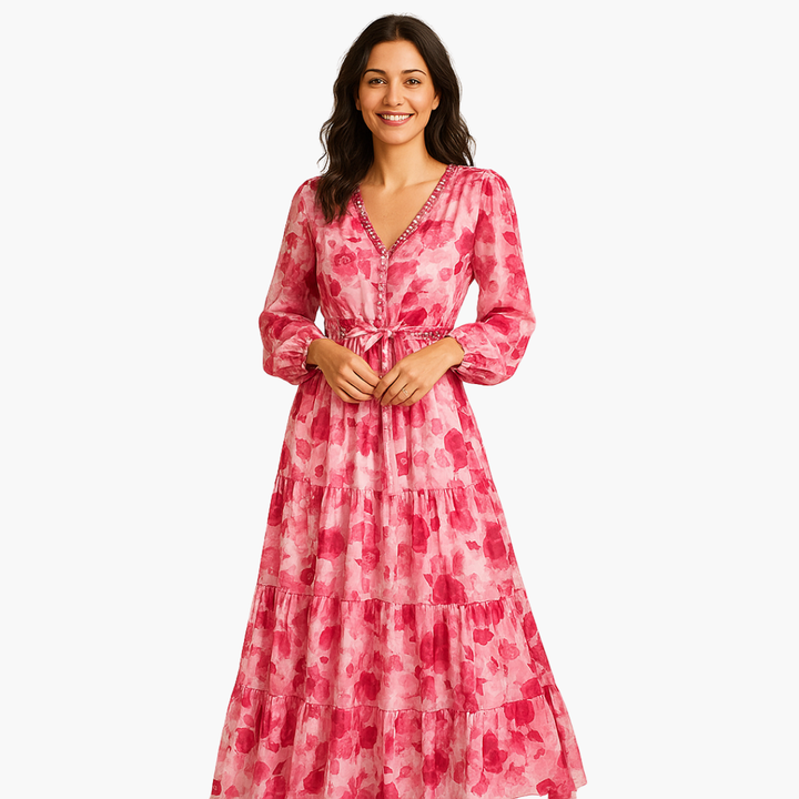 Abito Lungo Donna Floreale Rosa Chiffon Elegante Estivo Casual | Altivaro