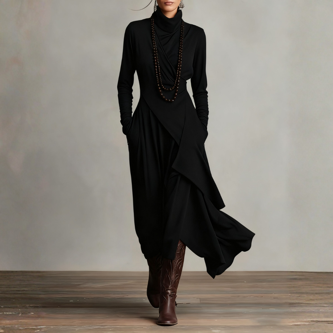 Long Dress for Women with High Neck in Mixed Fabric | Altivaro