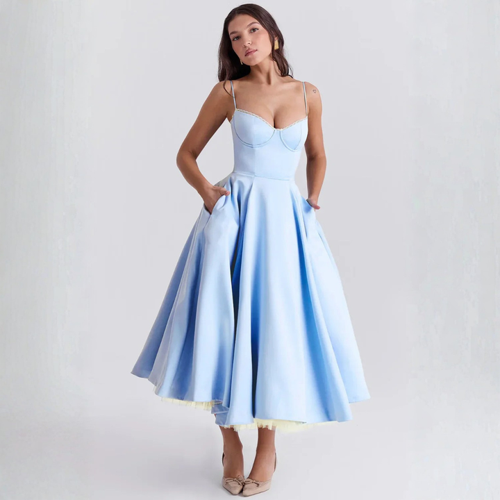 Midi Dress for Women with Corset Bodice in Mixed Fabric Blue | Altivaro