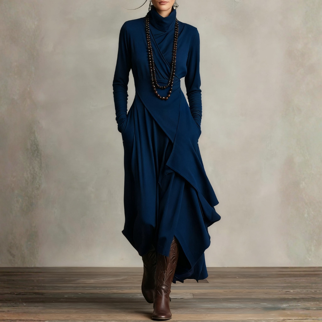 Long Dress for Women with High Neck in Mixed Fabric | Altivaro