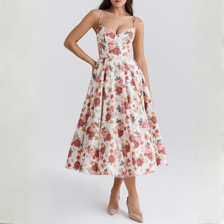 Midi Dress for Women with Corset Bodice in Mixed Fabric Blue | Altivaro