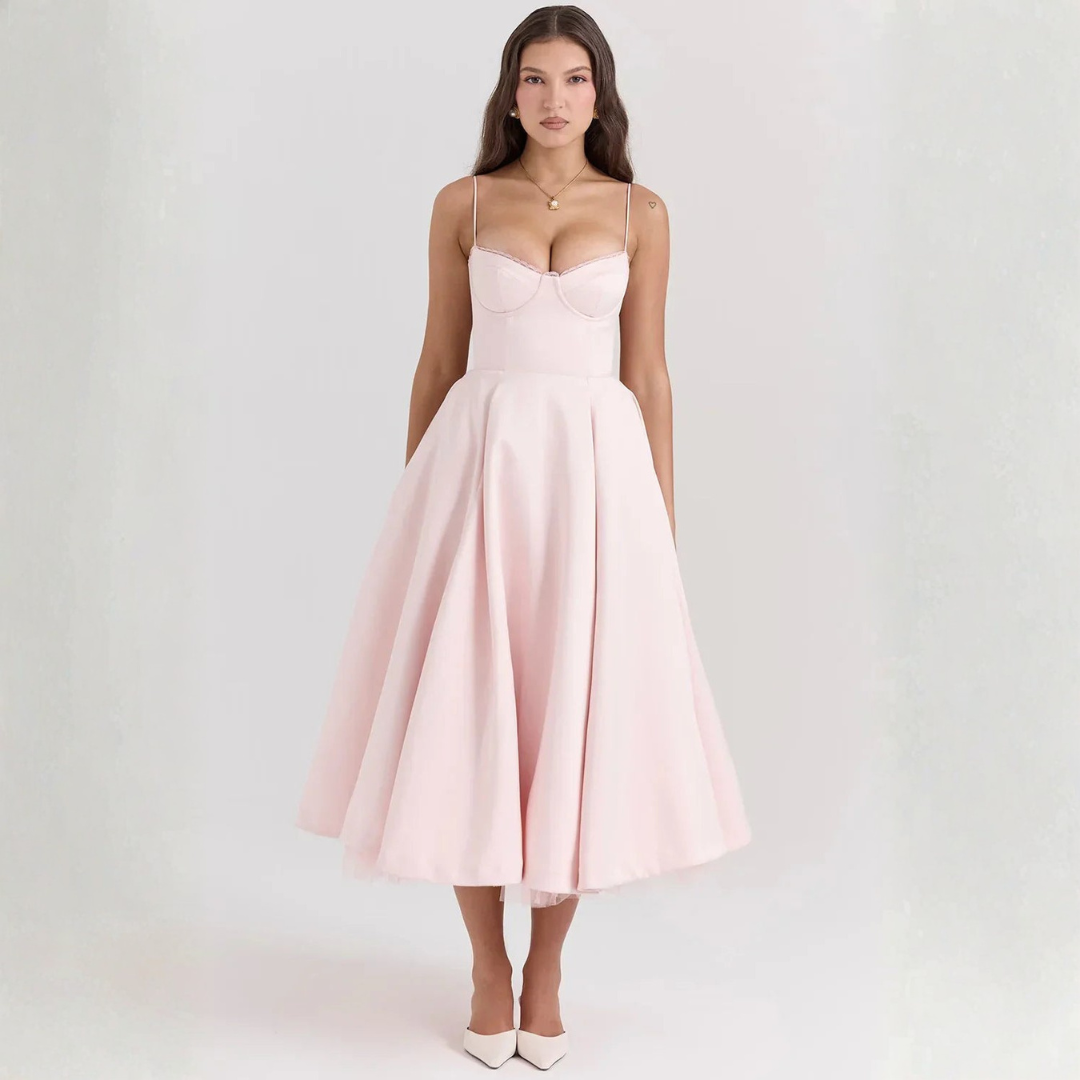 Midi Dress for Women with Corset Bodice in Mixed Fabric Blue | Altivaro