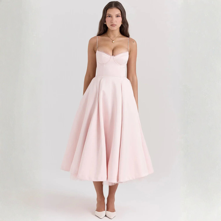 Midi Dress for Women with Corset Bodice in Mixed Fabric Blue | Altivaro