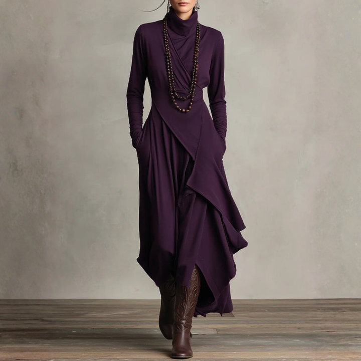 Long Dress for Women with High Neck in Mixed Fabric | Altivaro