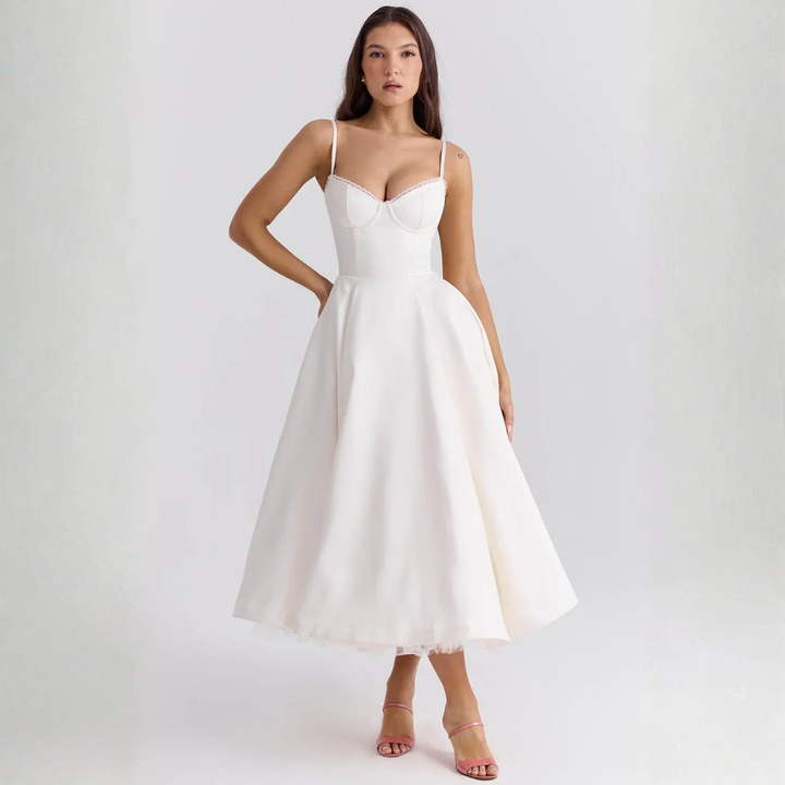 Midi Dress for Women with Corset Bodice in Mixed Fabric Blue | Altivaro